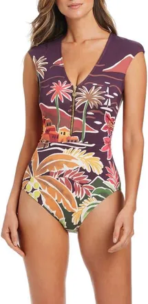 Bleu Rod Beattie Tropical Print Cap Sleeve One-Piece Swimsuit in Dark Grenache at Nordstrom, Size 12