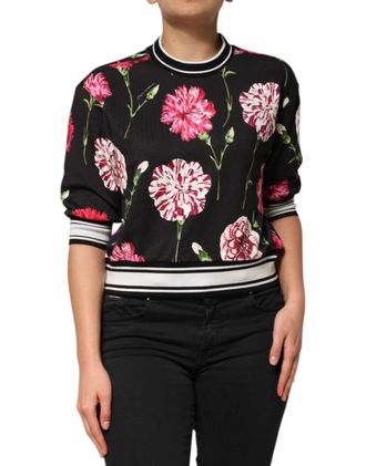 Dolce & Gabbana Womens Black Floral Print Cotton Short Sleeves Top