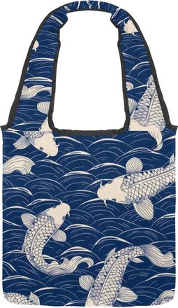 Generic Blue Wave Fish Koi Pattern Reversible Canvas Shoulder Tote - Double-Sided Print, 12oz Cotton, 27cm Drop, Fold-Flat Bag for Travel, Shopping, Street Ou