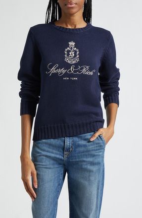 Sporty & Rich Vendome Embroidered Crop Cotton Sweater in Dark Navy at Nordstrom, Size X-Small