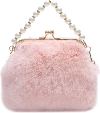 Generic Pearl Fluffy Evening Bag Kiss Lock Clutch Purse Faux Handbag Elegant Single Shoulder Bag for Women(Pink)