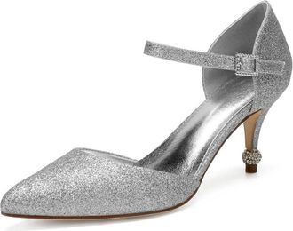 Generic Bridal Heels Womens Pointed Toe High Heel Pumps Ankle Strap Wedding Bridal Evening Party Dress Stiletto Heel 7.5Cm,Silver,4 UK