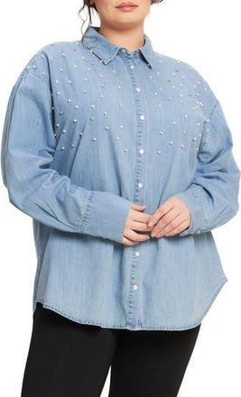Flying Tomato Embellished Long Sleeve Denim Shirt in Light Indigo at Nordstrom Rack, Size 1 X