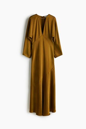 H&M Langes Satinkleid - Dunkles Senfgelb
