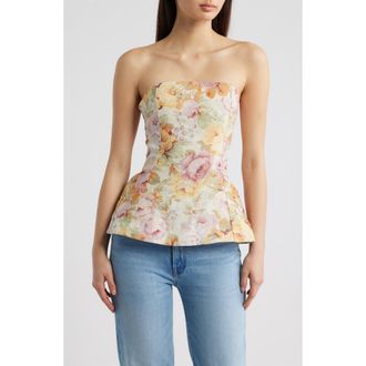 Faithfull The Brand Petro Floral Strapless Linen Peplum Top in Giardino at Nordstrom, Size Xx-Large