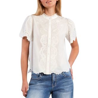 Wash Lab Denim Sweet Lace Trim Cotton Blend Top in Snow White at Nordstrom, Size X-Small