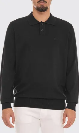 HUGO BOSS Polo in cotone a maniche lunghe con logo ricamato tono su tono