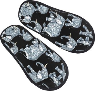 Generic Fuzzy Slippers Elephant-Blue Black Printing Furry Slippers Flat Casual House Slipper For Guest Spa Indoor L
