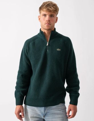 Lacoste Mens Lacoste High Zip Neck Thick Rib Knit Mens Wool Sweater - Sinople YZP - Green - Size: 42