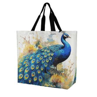 Generic Peacock Watercolor Painting Grocery Bag Eco Friendly Carry Bag Waterproof Tote Bags For Travel Picnic Casual