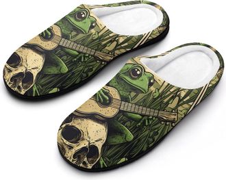 Generic Frog Playing Banjo on Skull Womens Slippers Warm House Slippers Indoor House Shoes with Anti-Skid Rubber Sole
