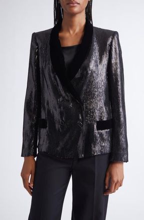 Emporio Armani Sequin Double Breasted Blazer in Solid Black at Nordstrom, Size 6 Us