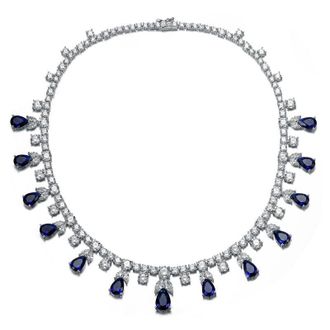 Rachel Glauber White Gold Plated with Sapphire Blue Cubic Zirconia Tennis Station Necklace