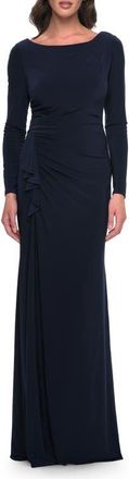 La Femme Chic Jersey Long Dress with Ruffle Detail Skirt in Navy at Nordstrom, Size 12
