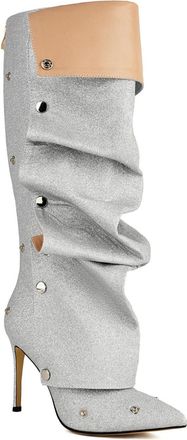 Generic Womens Pointed Toe Glitter Long Boots Stiletto High Heel Knee High Boots Evening Party Pron Shoes with Zipper,Silver,3.5 UK