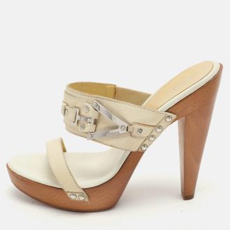Versace Cream Leather Wooden Platform Slide Sandals
