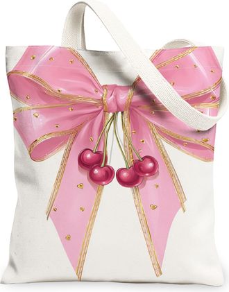 Generic Cherries Bow Canvas Tote Bags, Elegant Ribbon Design Reusable Grocery Bags, Spring Floral Lightweight Washable Shoulder Str, Peach, 13x15 Inch