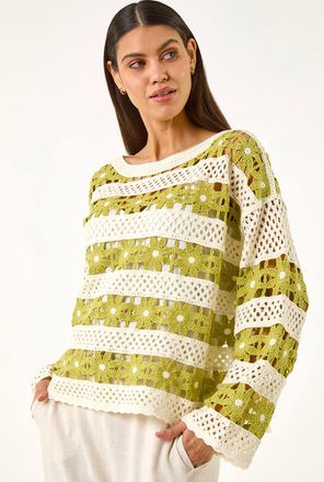 Roman Floral Stripe Crochet Knit Jumper