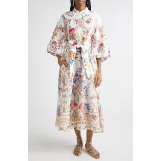 Camilla I Left My Heart in Granada Print Tie Waist Linen Shirtdress at Nordstrom, Size Medium