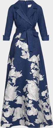 Teri Jon Metallic Floral Jacquard Shirt Gown