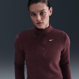 Nike Womens Nike Sportswear Phoenix Plush Slim Long-Sleeve Cozy Fleece 1/2-Zip Top in Red | FV8028-652