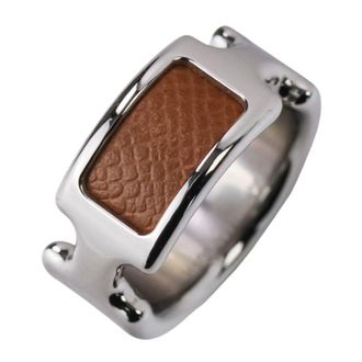 Herm&egrave;s Silver Brown Leather Metal Band Ring (Pre-Owned)