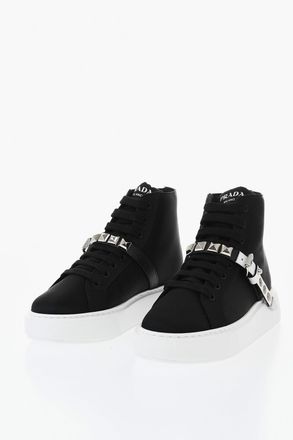 Prada High-Top Nylon Sneakers with Studded Strap Prada
