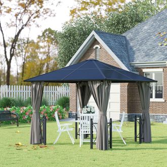 OUTSUNNY 3x3(m) Hardtop Gazebo with Polycarbonate Roof, Netting & Curtains in Grey