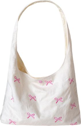 Generic Trendy Canvas Tote Bag for Women with Bow Pattern Casual Shoulder Handbag for Daily and Travel Use