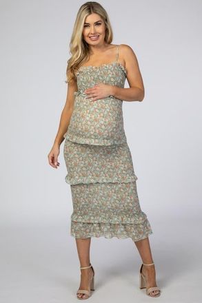 Pinkblush Floral Chiffon Smocked Fitted Midi Dress in Light Olive at Nordstrom, Size Medium