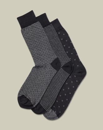 CHARLES TYRWHITT 3 Pair Cotton Rich Patterned Multipack Socks - Black & Grey Size 10.5-13 by Charles Tyrwhitt