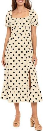 London Times Square Neck Puff Sleeve Empire Waist A-Line Midi Dress in Cream/Black at Nordstrom Rack, Size 14P