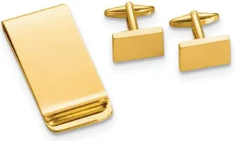 Diamond2Deal Gold-tone Rectangular Engravable Cuff Link and Money Clip Set