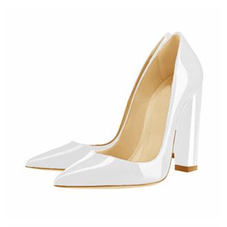 Generic Women Slip-On Chunky Pumps, Fashion Pointed Toe Dress Block Court Shoes, Comfort Closed Toe Leather Party Work High Heels Shoes,White,2.5 UK