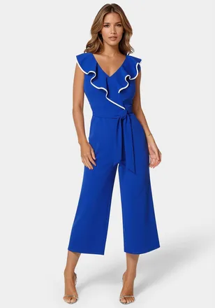 Bebe WomenS Scuba Crepe Ruffle V-Neck Jumpsuit