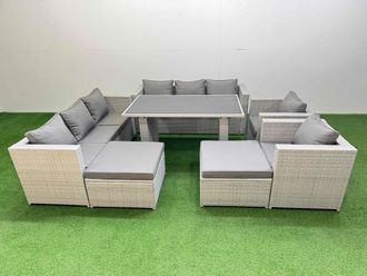Fimous 10 Seater Outdoor Dining Table 3 Seater Sofa Set with 2 Big Stools in Light Grey