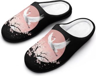 Generic Japanese Cranes in Moon Center Funny Mens Slippers Cotton Warm House Shoes Memory Foam Sandals Print Size 7-14