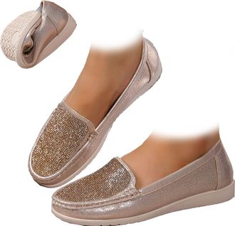 Generic Rhinestone Womens Sparkly Orthopedic Loafers, Orthopedic Sparkly Slip On Shoes, Arch Support Bling Sneakers for Dressy Daily Wear (Gold,6.5)