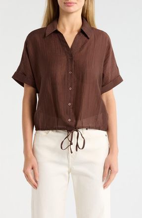 Adrianna Papell Short Sleeve Tie Hem Button-Up Shirt in Chickory Coffee at Nordstrom Rack, Size X-Large