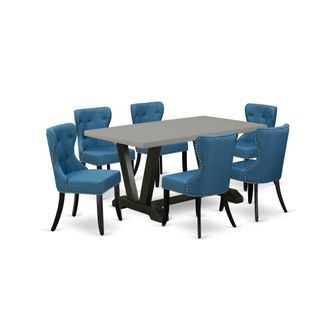 East West Furniture 7-Piece Dining Table Set- 6 Upholstered Dining Chairs with Blue Linen Fabric Seat and Button Tufted Chair Back