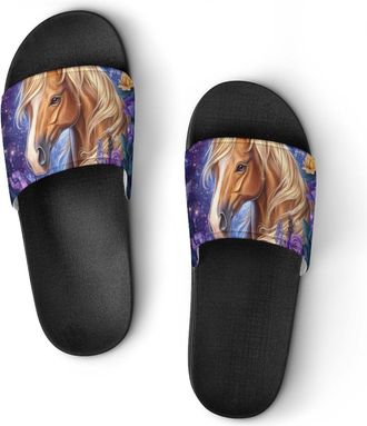 Generic Brown Horse with Long Blonde Mane Shower Shoes Slipper for Women Men Beach Slippers Quick Drying Non Slip Open-Toe Sandals