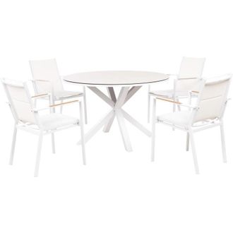 Beliani Set da pranzo a 4 posti composta da tavolo in alluminio con sedie in vetro ceramico tortora bianco Maletto/Busseto