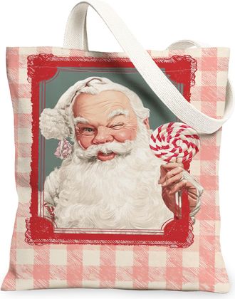 Generic Christmas Santa Print Canvas Tote Bags, Vintage Gingham Reusable Grocery Bags, Retro Lightweight Washable Shoulder Strap Ca, Red, 13x15 Inch