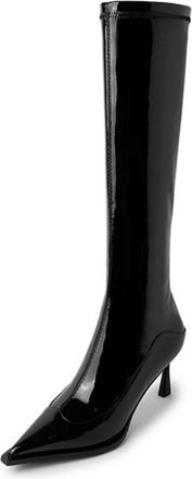 Generic Womens Patent Leather Long Boots with Zipper Pointed Toe Knee High Boots Stiletto High Heel Party Prom Shoes,Black Single Lining,4.5 UK