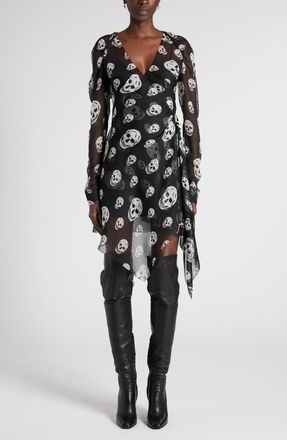 Alexander McQueen Skull Print Long Sleeve Silk Chiffon Wrap Dress in Black - White at Nordstrom, Size 48