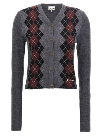 Ganni Argyle Cardigan Sweaters And Cardigans Gray