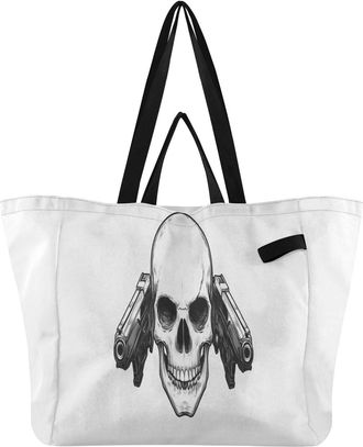 Generic Skull White pattern Reusable Canvas Tote Bag, Heavy Duty Grocery Shopping Bag with Hard Bottom Double Handles Large Capacity Work Groceries Travel