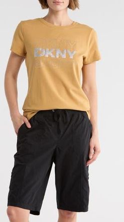 DKNY Rhinestone Glitter Logo T-Shirt in Whiskey/Silver at Nordstrom Rack, Size X-Large
