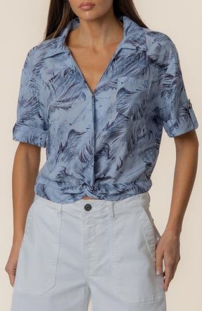 Kut from the Kloth Rebel Printed Knot Front Linen Blend Top in Carlisle Navy at Nordstrom, Size X-Small