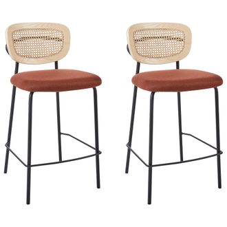 Beliani Conjunto De 2 Sillas De Bar Modernas Trenza Vienesa Respaldo De Rat&aacute;n Taburetes Asiento De Poli&eacute;ster Patas Negras Sin Reposabrazos Naranja Mayetta